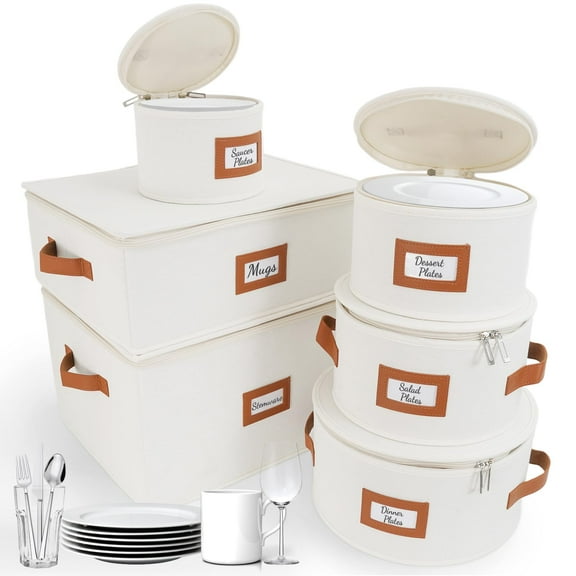 HOMELUX THEORY Hard Shell China Storage Containers, 6pc Ivory Mug & Plate Storage Box, Kitchen Storage Bins With Lids, Heavy Duty Moving Box with Handles for Dishes, Glassware, Stemware, Cup & Mug