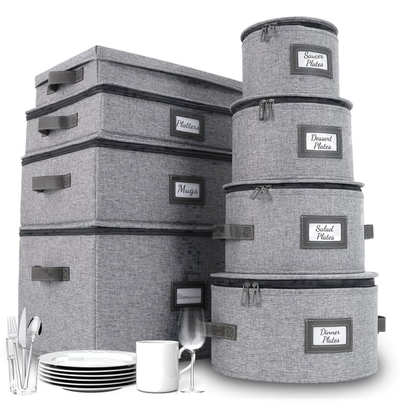 Homelux Theory 8-Piece Hard Shell China Storage Containers with Lids, Dinnerware Storage for Moving Plates, Mugs, Wine Glasses & Flatware (Light Gray)