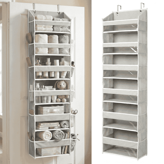 Homelux Theory Extra Wide Over the Door Organizer, 6 Large Front and 12 Mesh Side Pockets, 65 lb Capacity Hanging Storage for Closet, Bathroom (Light Gray)