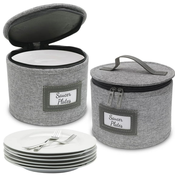 HOMELUX THEORY Saucer Plate Storage Box, 2pc LightGray Hard Shell China Storage Containers Thick Lid & 24 Felt Pads, Heavy Duty Moving Box with Handles for Dishes, Dinner Plate, & Dinnerware