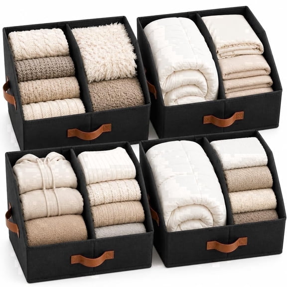Homelux Theory 4 Pack Large Closet Storage Bins with Adjustable Divider, Trapezoid Collapsible Fabric Shelf Baskets, 18 x 13 x 13 Inches (Black)