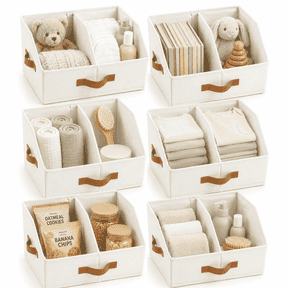 Homelux Theory 6 Pack Small Closet Storage Bins with Adjustable Divider, Trapezoid Collapsible Fabric Shelf Baskets, 16.5 x 11 x 7.5 Inches (Ivory)