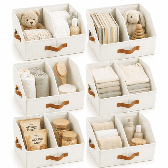 HOMELUX THEORY Trapezoid Storage Bin-UPGRADED Closet Organizers And Storage With Leather Handles & Adjustable Dividers, Fabric Collapsible Storage Bins For Clothes Storage, Toys (6pcs, Small, Ivory)