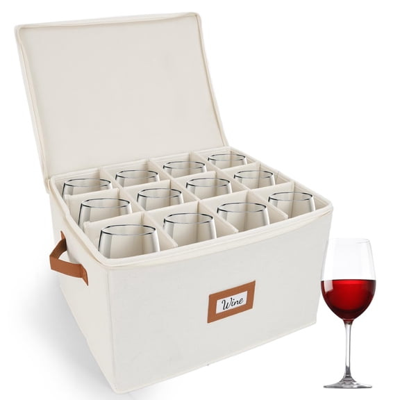 HOMELUX THEORY Wine Glass Storage Box with Dividers, Ivory Hard Shell China Storage Containers, Kitchen Storage Bins With Lids, Heavy Duty Moving Box for Packing Glasses, Stemware & Glassware