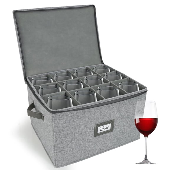 HOMELUX THEORY Wine Glass Storage Box with Dividers, Light Gray Hard Shell China Storage Containers, Kitchen Storage Bins With Lids, Heavy Duty Moving Box for Packing Glasses, Stemware & Glassware