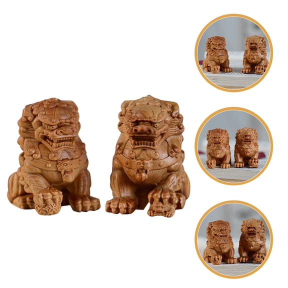 HOMEMAXS 1 Pair Wooden Lion Ornaments Home Decor Chinese Guardian Lion Sculpture Statues for Living Room Office and Festive Decorations