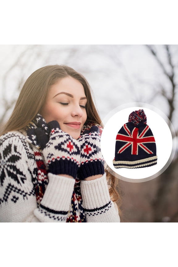 Warm Knitted Hat for Women and Girls with UK Flag Pattern Made of Acrylic Fibers Multi Color One Size Fits Most