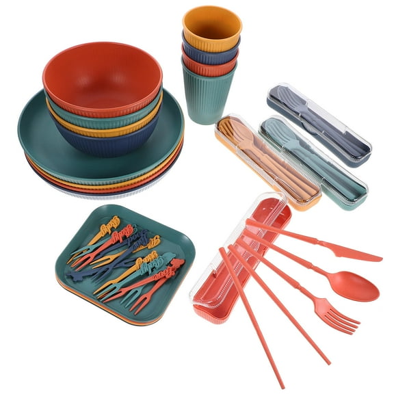 HOMEMAXS 1 Set of Household Tableware Reusable Wheat Straw Tableware Kit Portable Picnic Dinnerware