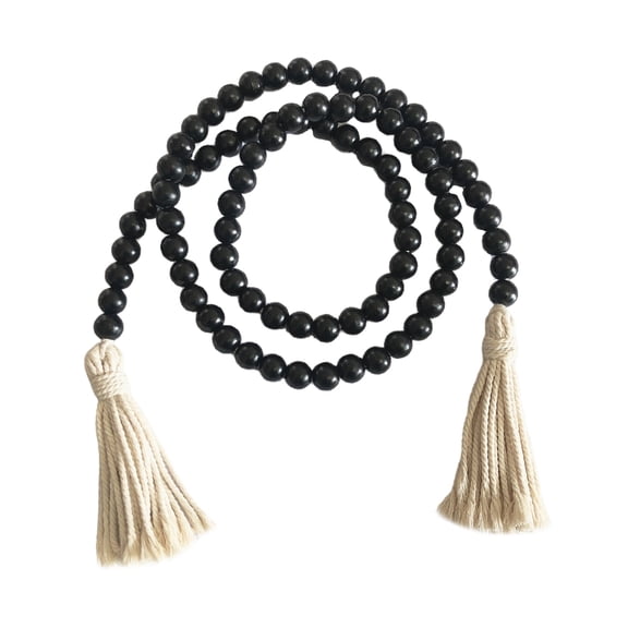BEADCEST Nordic Style Wooden Bead Wall Hanging Decor with Black Beads and Hemp Rope, Rustic Boho Home Decoration, 1 Piece