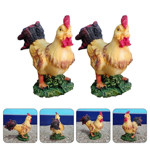 2 Pcs Chickens Rooster Ornament Backyard Decoration Figurines