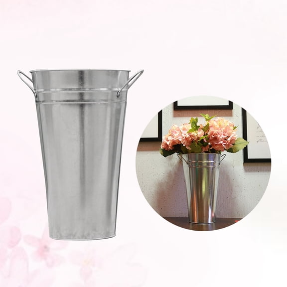 BEADCEST 2Pcs Galvanized Vases Plated Silver Tin Buckets with Iron Handle for Hanging Wall and Garden Decor