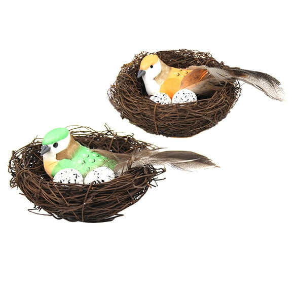 Adorable Straw Bird Nest Decor with Lifelike Eggs and Birds for Home Party Decoration 2Pcs Assorted Color