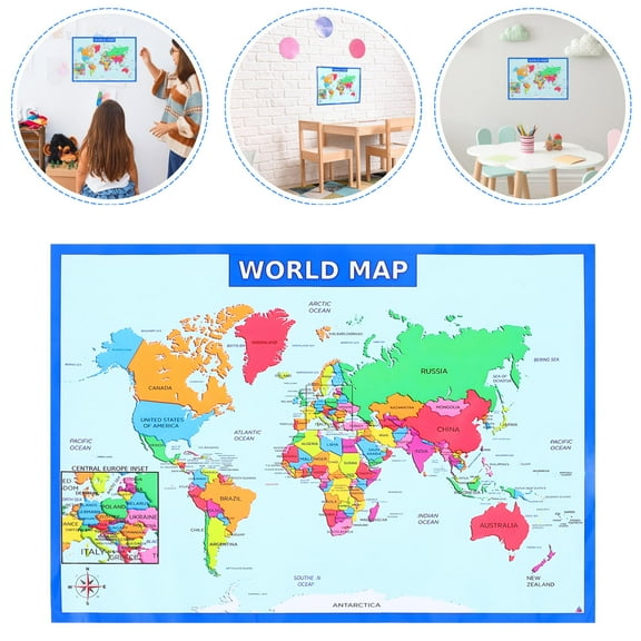 2Pcs World Map Poster Wear-resistant Preschool Poster Children Learning Poster