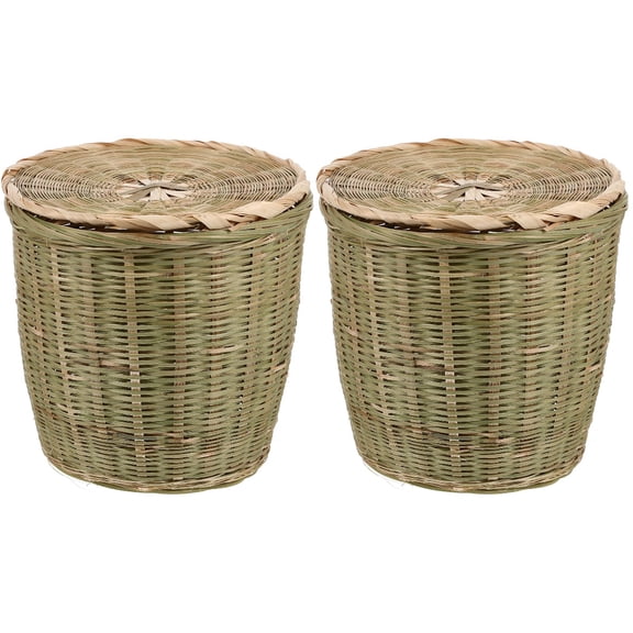 2pcs Multi-function Storage Basket for Fruit Vegetable Grain Bamboo Woven Basket Trash Can with Lid