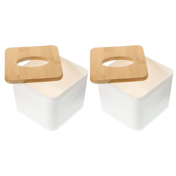 2pcs Plastic Tissue Box Square Tissue Paper Holder with Wooden Cover for Home Office