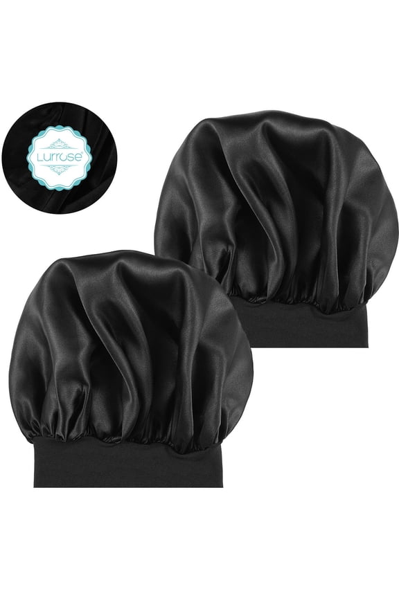 2pcs Wide Side Elastic Sleeping Hair Loss Hats Chemotherapy for Women Girls (Black)