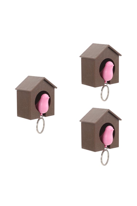 3pcs Birdhouse Key Ring - Brown House with Pink Bird