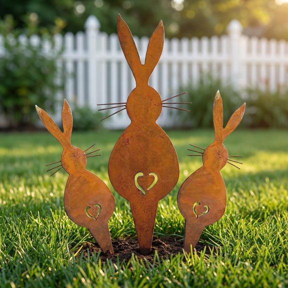 HOMEMAXS 3-Piece Lawn Bunny Stakes Garden Signs Animal Yard Art Decorations for Outdoor Lawn