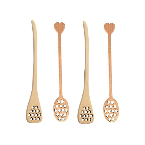 RENACLIPY 4PCS Brown Wooden Heart Shaped Honey Dippers Tea Mixing Spoons Set for Kitchen and Coffee