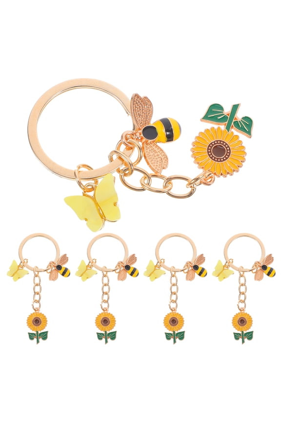 5pcs Enamel Bee Keychain Sunflower Butterfly Keyring Pendant For Spring Summer Party Favors Women Backpack Bag Purse Hanging Decoration