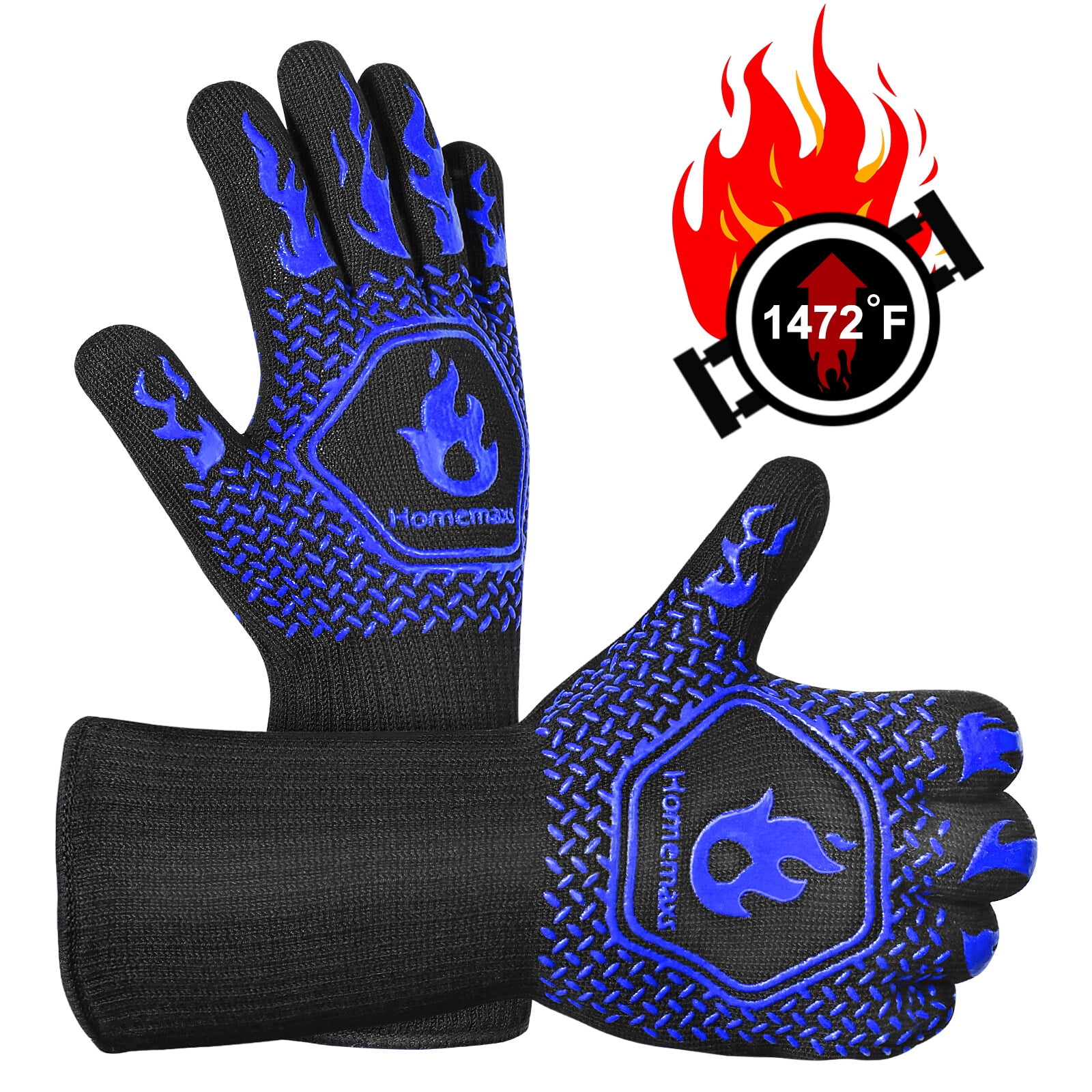 HOMEMAXS A Pair of BBQ Gloves 800℃/1472 Heat Resistant Grill Gloves  Silicone Gloves Anti-scald Insulated Gloves for Barbecue Cooking Baking  Welding (Blue) 