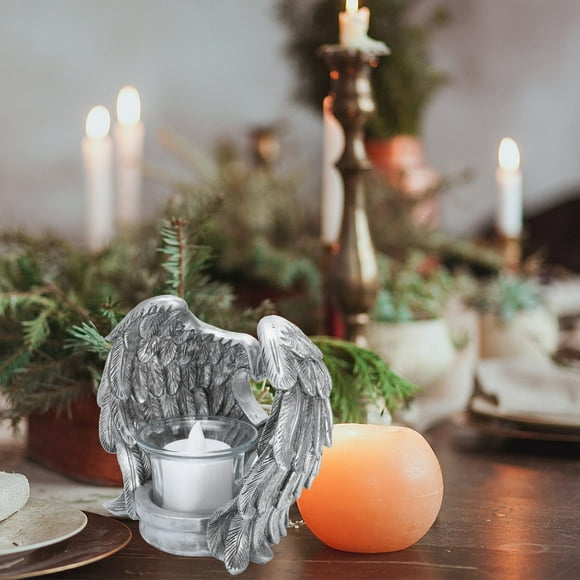 HOMEMAXS Angel Wing Candlestick Adornment with Glass Cup for Home Decoration Silver Resin 6.5 Inches