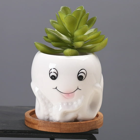 HOMEMAXS Cute Octopus Ceramic Planter for Cactus and Succulents White Color Great for Desk Decoration 3.5 Inches