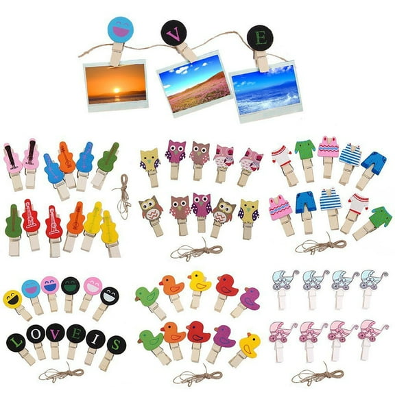 HOMEMAXS Cute Owl Shape Wood Clips with Burlap Rope for Decoration and Clothespin Use Assorted Color