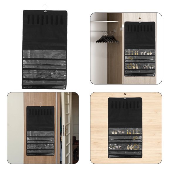 HOMEMAXS Black Hanging Jewelry Organizer with Multipockets for Bracelets Necklaces Earrings Storage