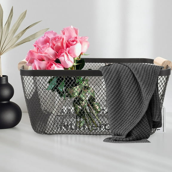 HOMEMAXS Iron Wire Fruit Basket with Wooden Handle Rectangular Mesh Basket Mesh Storage Basket Wrought Iron Storage Basket for Pantry Cabinets Kitchen Use