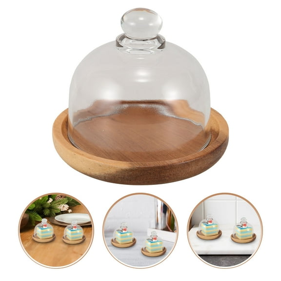Wooden Cupcake Server with Glass Dome Lid Multi Color Mini Cake Stand for Home Use 8.5x8.5x8.5 Inches
