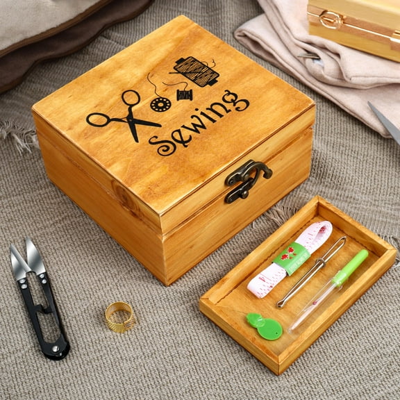 Wooden Sewing Kit with Premium Timber Box for Mending Supplies Including Thread Scissors Needle Assorted Color