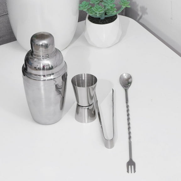 BEADCEST 4Pcs Stainless Steel Cocktail Shaker Mixer Kit with Ice Tong Mixing Spoon and Measure Cup for Bar Use