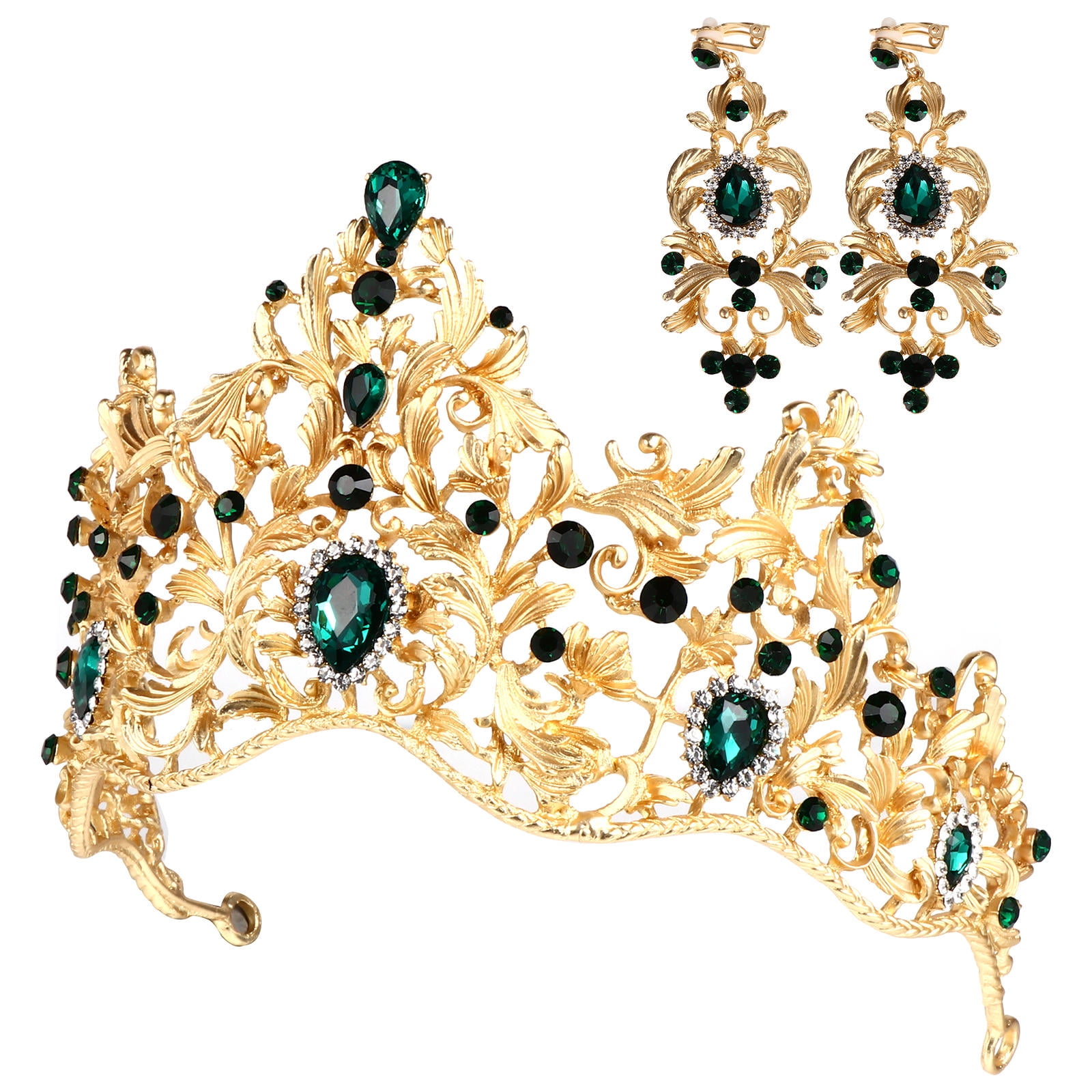 Quinceanera Bridal Tiara Earrings Venue Crown Green Rhinestone