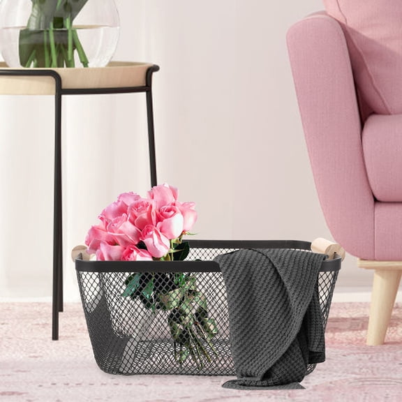 HOMEMAXS Rectangular Wrought Iron Wire Basket with Wood Handles for Kitchen Pantry Storage and Fruit Organization