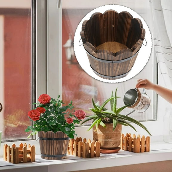 Solid Wood Carbonized Fleshy Flower Pot Balcony Planting Flower Holder Home Decoration Retro Wooden Small Barrel Wave Mouth Middle Size (Brown)
