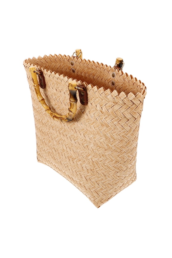 Straw Tote Summer Beach Bag With Wood Handle Rattan Woven Casual Handbag Beach Straw Bag Handbag Small Purse For Summer Beach Party Beige