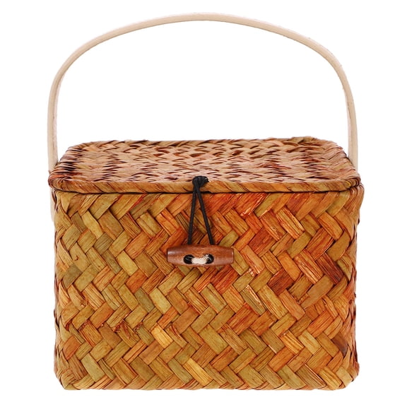 HOMEMAXS Orange Woven Storage Basket with Lid for Home Use Wicker Organizer 12.5 x 8.5 x 9 inches