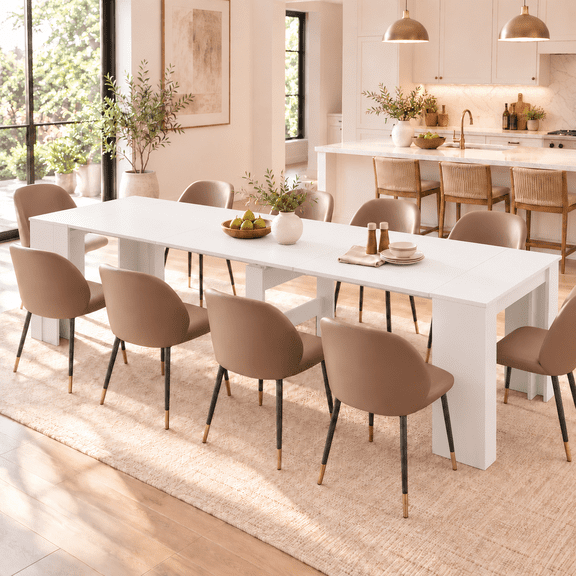 HOMEMAZ 118" Extendable Dining Table for 10, Expandable Console Table, Space Saving Rectangular Dining Table, Gray-Brown Oak Finish, White