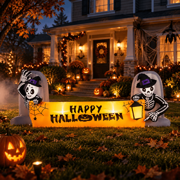 HOMEMAZ 9.6FT Halloween Inflatable Decoration Outdoor, Lighted Skeleton Happy Halloween Yard Decor with LED Lights, Halloween Decorations for Front Porch Lawn Garden Party