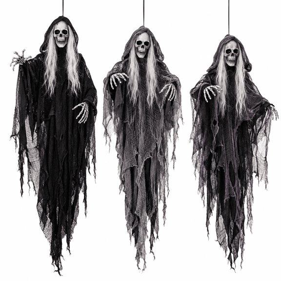 HOMEMAZ Hanging Halloween Skeleton Ghost Decoration Set, 3 Pieces, Grim Reaper Theme, Black, Gray, Purple, 3.8ft, 3.3ft, 3ft