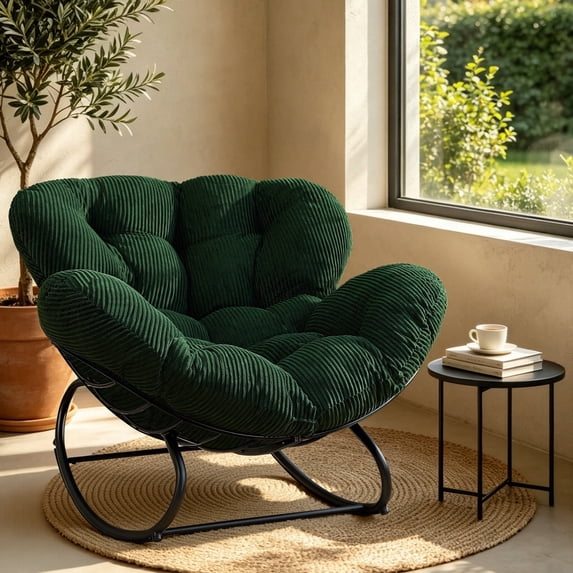 HOMEMIYN Oversized Papasan Rocking Chair, Comfy Thick Cushioned Lounge Rocker, Rust Resistant Metal Frame, 350 LBS Capacity for Patio, Living Room, Bedroom, Balcony, Dark Green