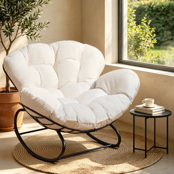 HOMEMIYN Oversized Papasan Rocking Chair, Ergonomic Shell Shaped Lounge Rocker with Thick Cushion, Sturdy Rustproof Metal Frame, 350 LBS Weight Capacity for Indoor Outdoor Use, Beige