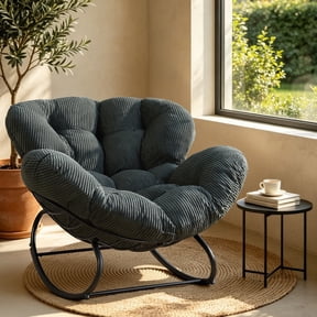 HOMEMIYN Oversized Papasan Rocking Chair, Ergonomic Shell Shaped Lounge Rocker with Thick Cushion, Sturdy Rustproof Metal Frame, 350 LBS Weight Capacity for Indoor Outdoor Use, Grey