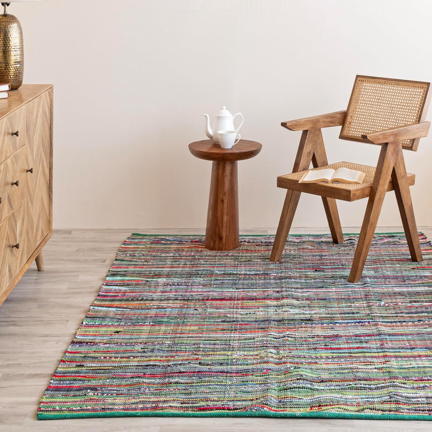 HOMEMONDE Boho Chindi Rag Rug 3'x5' Multi Green Recycled Soft Cotton ...