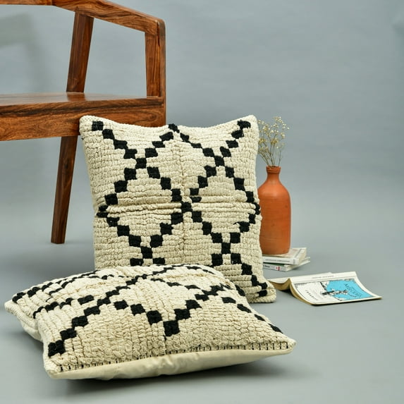 HOMEMONDE 18x18 Inch Decorative Cushion Covers Handmade 100% Cotton Chunky Throw Pillow Covers, Beige & Black