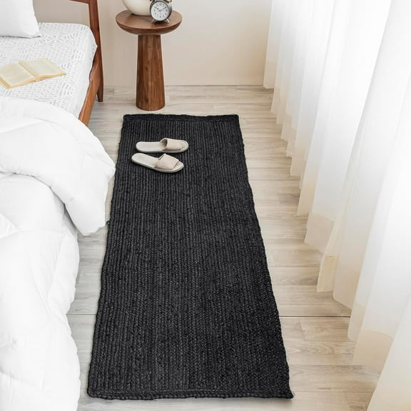 HOMEMONDE Black Jute Runner Rug 2x6 ft - Hand Woven Farmhouse Reversible Braided Natural Fiber - Eco Friendly Boho Charm Entry Area Rugs for Kitchen, Living Room