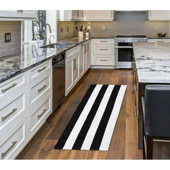 HOMEMONDE Black and White Striped Runner Rug 2'x6' - 100% Cotton Buffalo Plaid Rug - Layered Low Pile Reversible Washable Doormat for Hallway, Kitchen Floor & Farmhouse