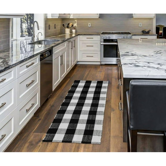 HOMEMONDE Buffalo Plaid Runner Rug 2x6 Ft - Cotton Hand-Woven Reversible Low-Pile Checkered Mats - Black and White Outdoor Rug for Bedroom, Living Room & KItchen