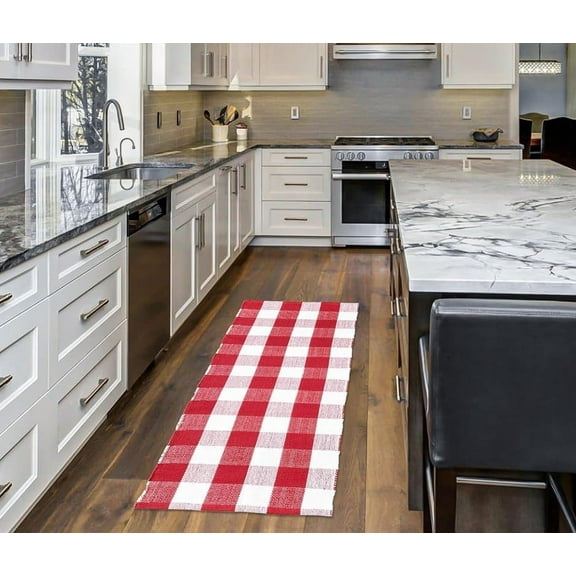 HOMEMONDE Buffalo Plaid Runner Rug 2x6 Ft - Cotton Hand-Woven Reversible Low-Pile Checkered Mats - Red And White Checkered Rug For Bedroom, Living Room & KItchen